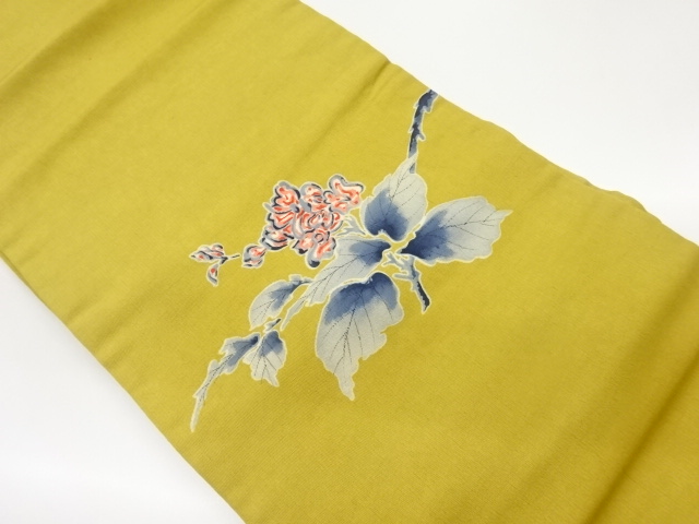 手織り紬手描き花葉模様名古屋帯